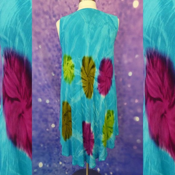 Turquoise Tie Dye V Neck Indian Dress Free Size - Picture 5 of 7
